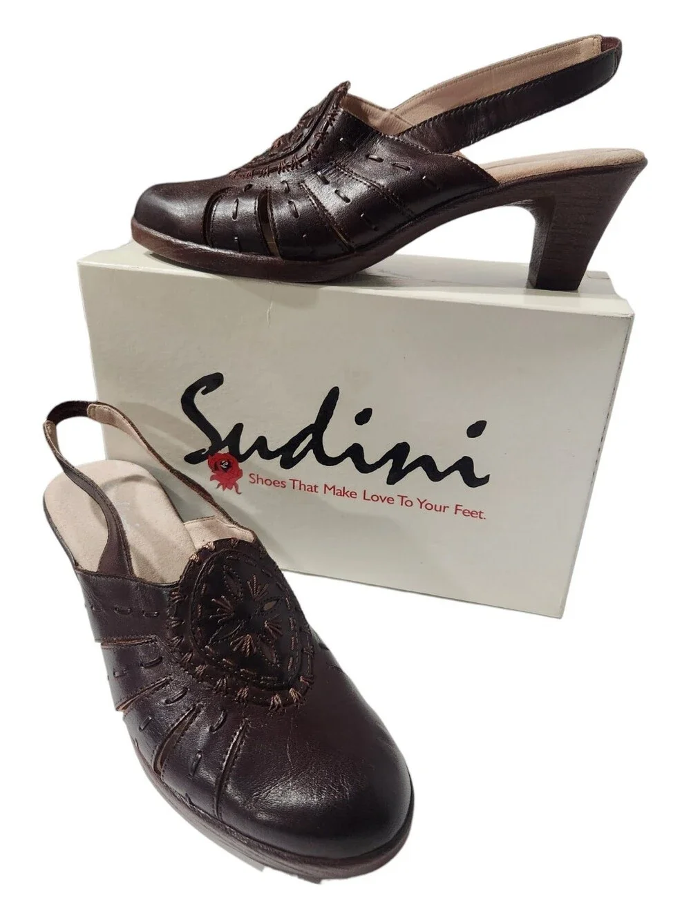 NEW Sudini Dark Brown Leather Slingback Heels with Decorative Cutouts Size 10W